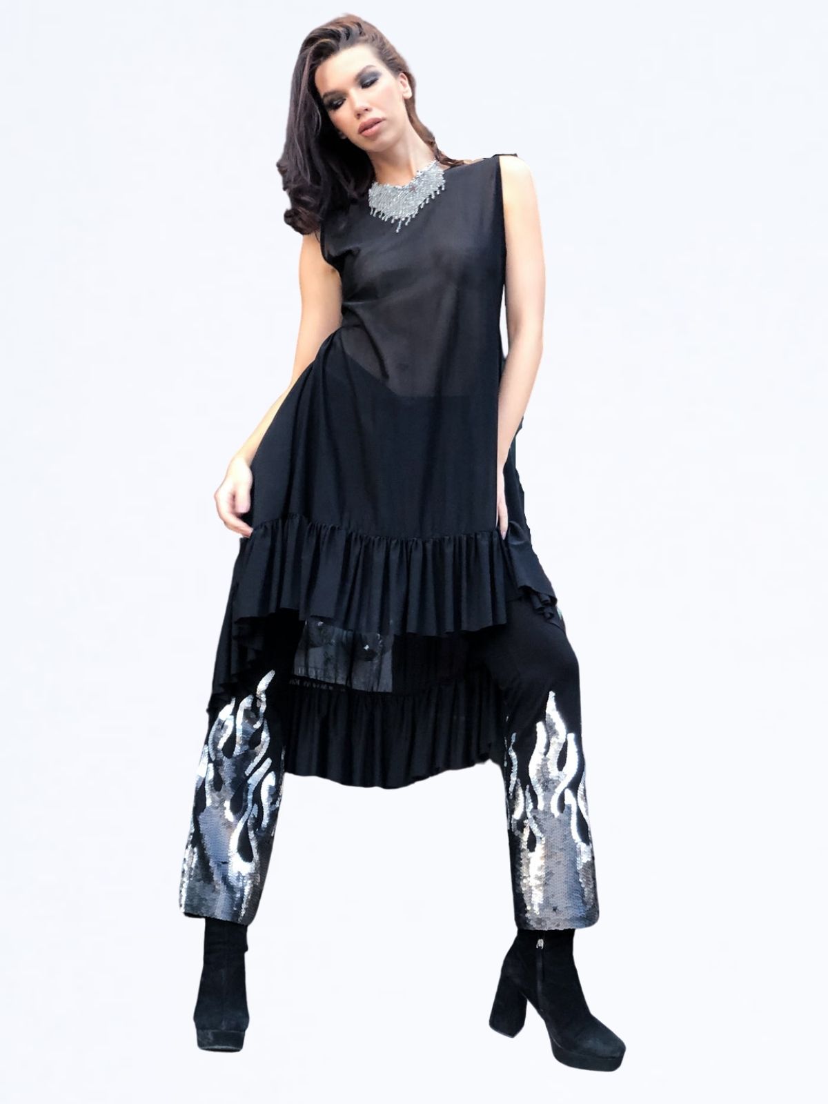 Ruffle Mesh Tunic Top Black