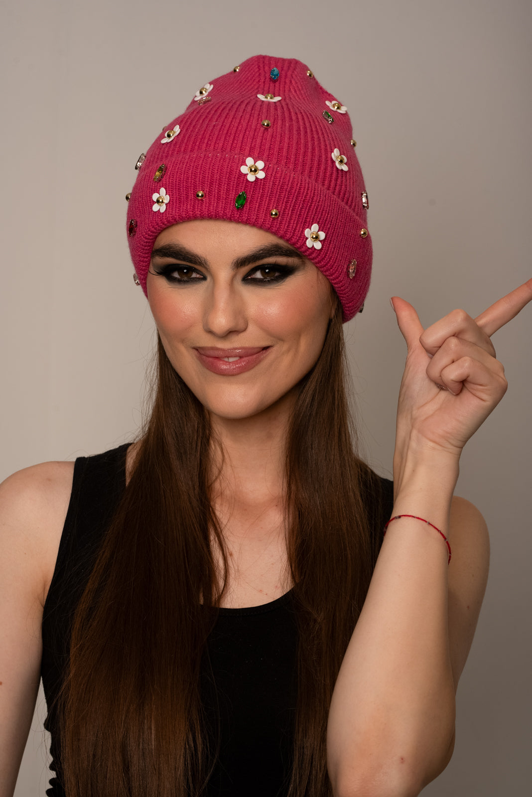 Pink Stone Flower Knit Hat