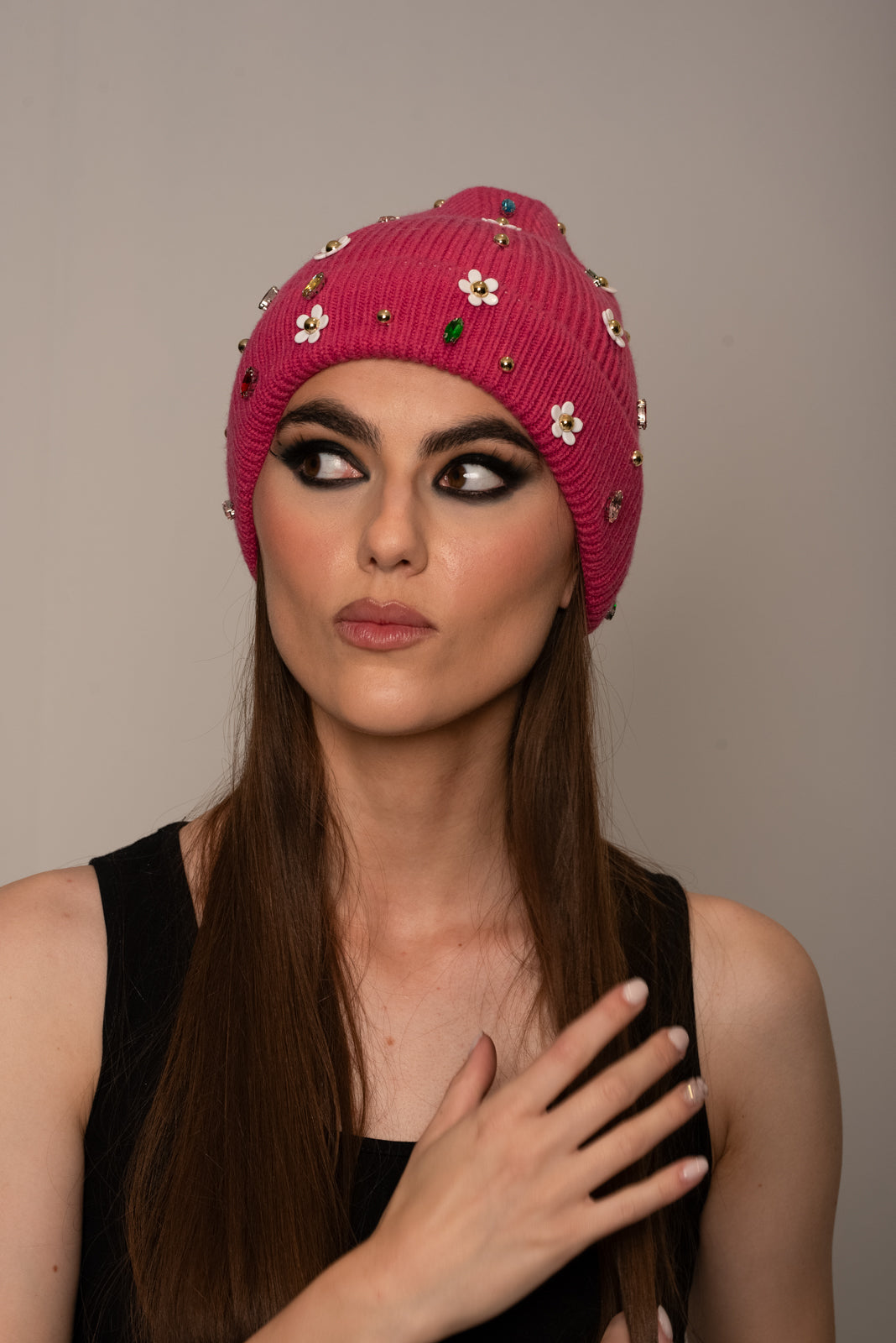 Pink Stone Flower Knit Hat