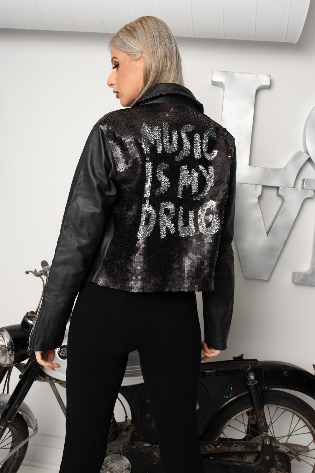 Biker Jacket Music Is My Drug Silver